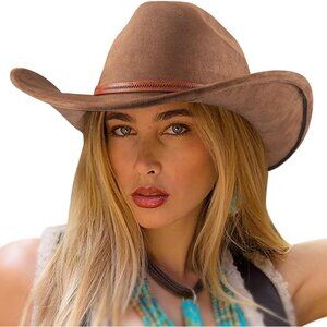Women's Brown Western Faux Leather Band Buckle Classic Fedora Cowboy Felt Hat